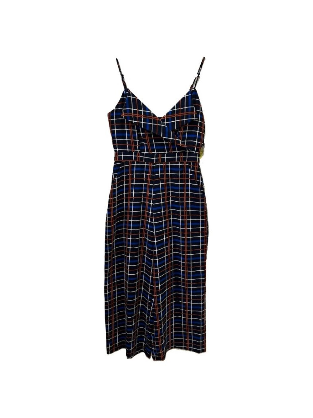 June & Hudson Navy Plaid Wide Leg Jumpsuit size S V-Neck Lined Pockets Zip